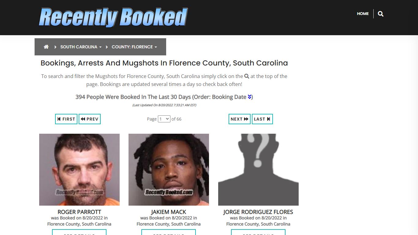 Bookings, Arrests and Mugshots in Florence County, South Carolina